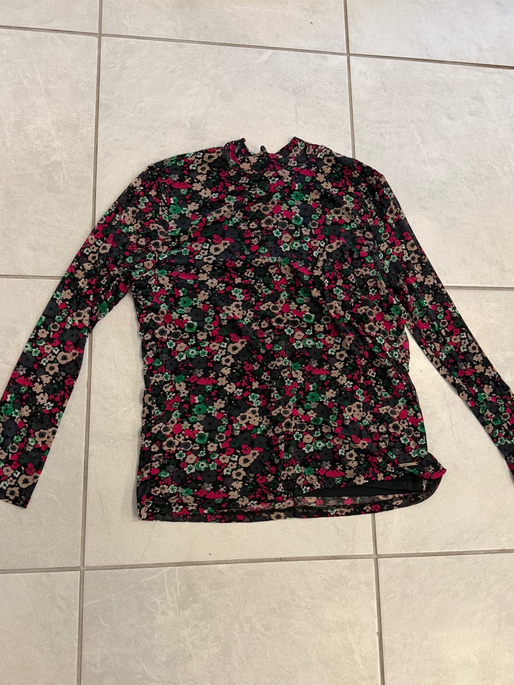 Anne Klein Black Floral Mock-Neck Long Sleeve Top with Pink & Green Flowers